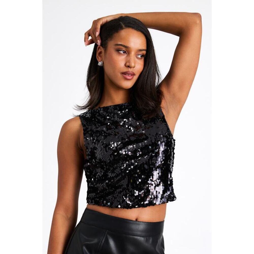 Lulus Chelia Shiny Black Sequin Cropped Tank Top - Size M